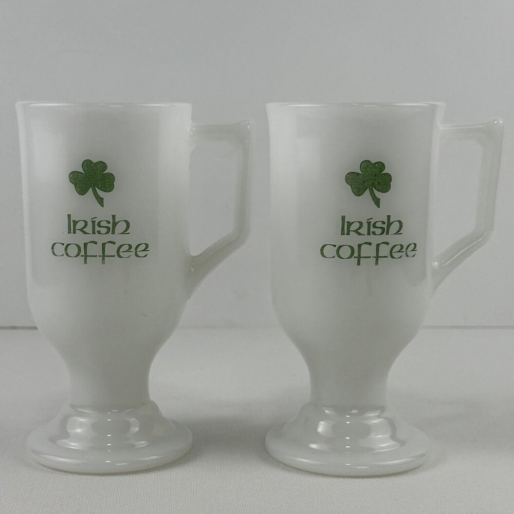 Vintage Irish Coffee Milk Glass Mugs 8 oz Set of 2 St. Patricks Day Shamrock